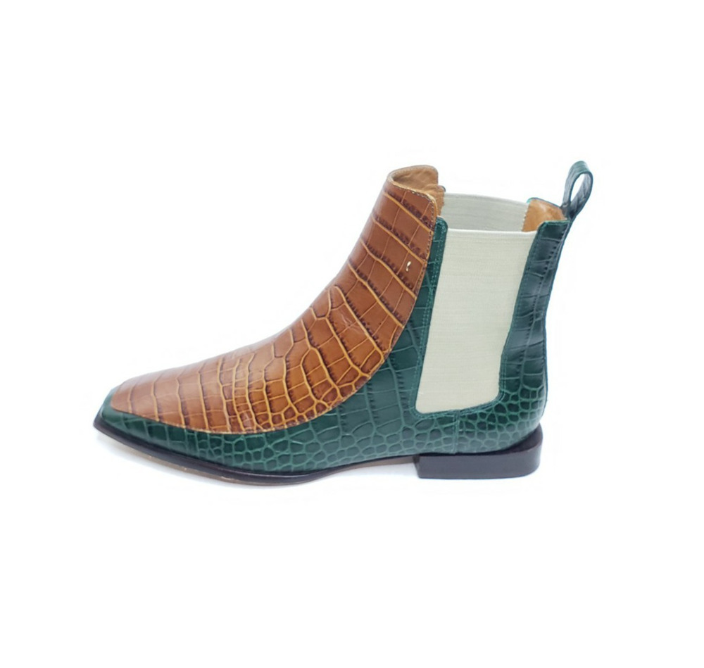 Tory Burch Chelsea Ankle Boots Green Brown Croc Embossed Leather Size 9.5